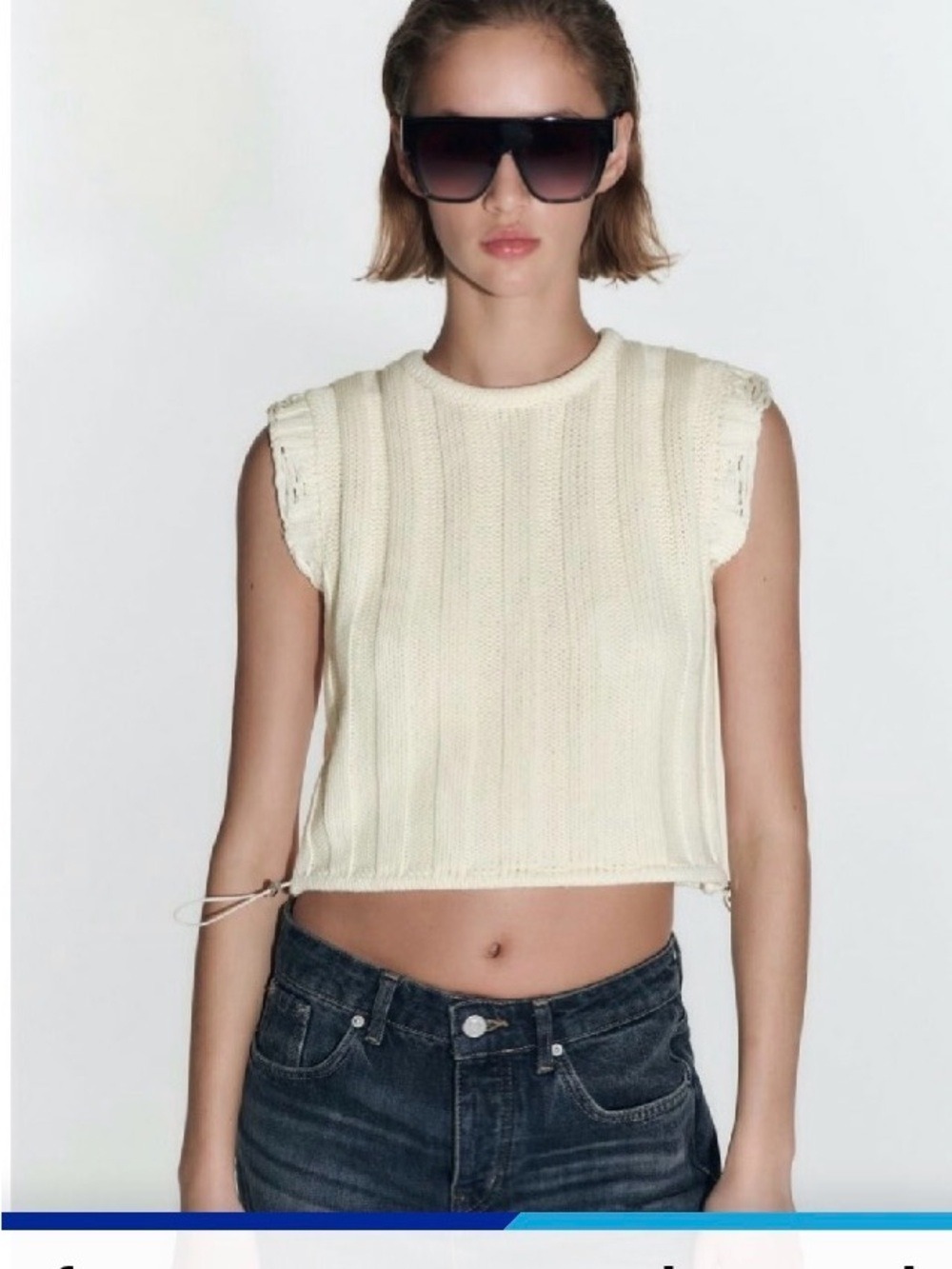 ZARA CREAM KNIT CROP TOP W/ DRAW STRING AT HEM DISTRESSED CAPPED SLEEVES SZ M